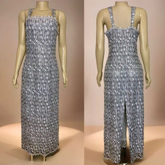 Vintage 90s Silver Glitter Lace Overlay Maxi Formal Dress PTP 19” - Picture 1 of 9